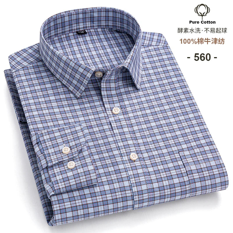 Men's Social Shirts Long Sleeve 100%Pure Cotton Oxford Buttoned Plaid Formal Male Casual Clothes Oversized Shirt Plus Size S-7XL
