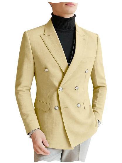 Men's Linen Blazer Double Breasted Slim Fit Breathable Suit Jacket Business Casual Gentlemen Coat Formal Wedding Party Dress