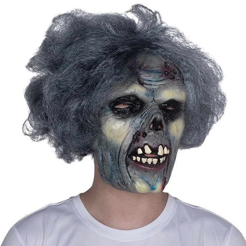 Halloween Scary Zombie Latex Mask with Grey Hair - Horror Rotten Face Prop for Haunted House, Cosplay & Party