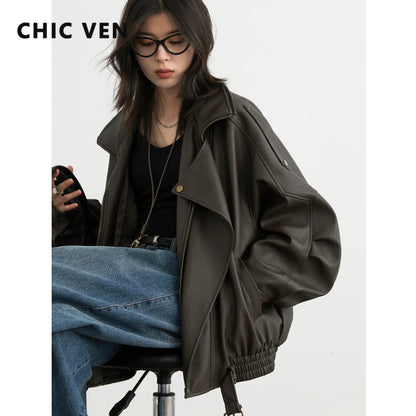 CHIC VEN Woman PU Jacket Solid Loose New Retro Standing Collar Motorcycle Faux Leather Coat Female Top Spring Autumn 2026