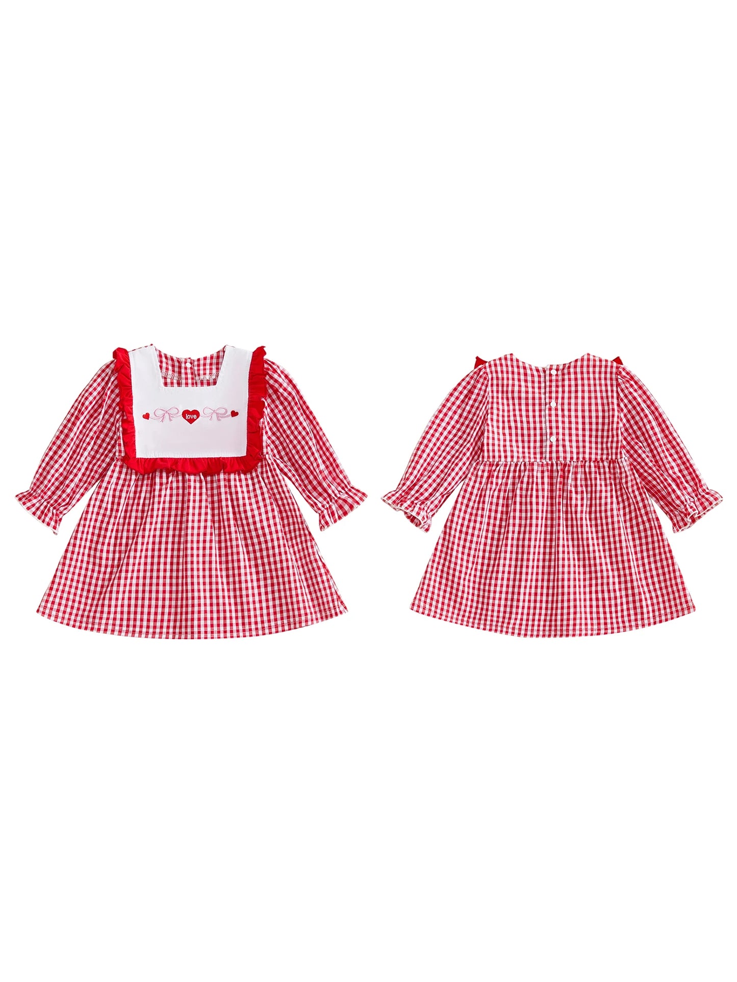 Baby Girl Valentine s Day Dress Red Heart Print Long Sleeve Square Neck Plaid Dress Holiday Outfit Toddler Princess Costume
