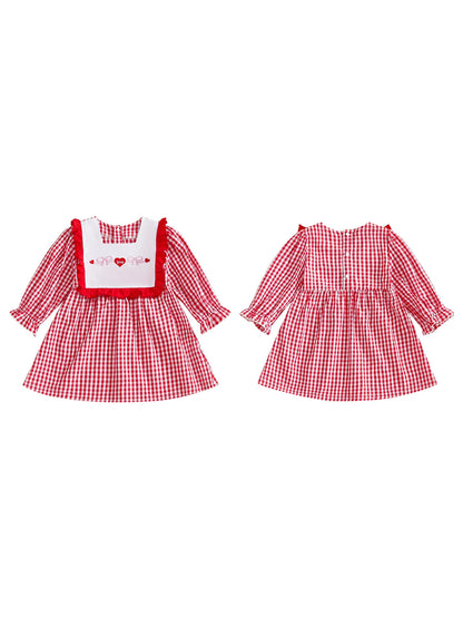 Baby Girl Valentine s Day Dress Red Heart Print Long Sleeve Square Neck Plaid Dress Holiday Outfit Toddler Princess Costume