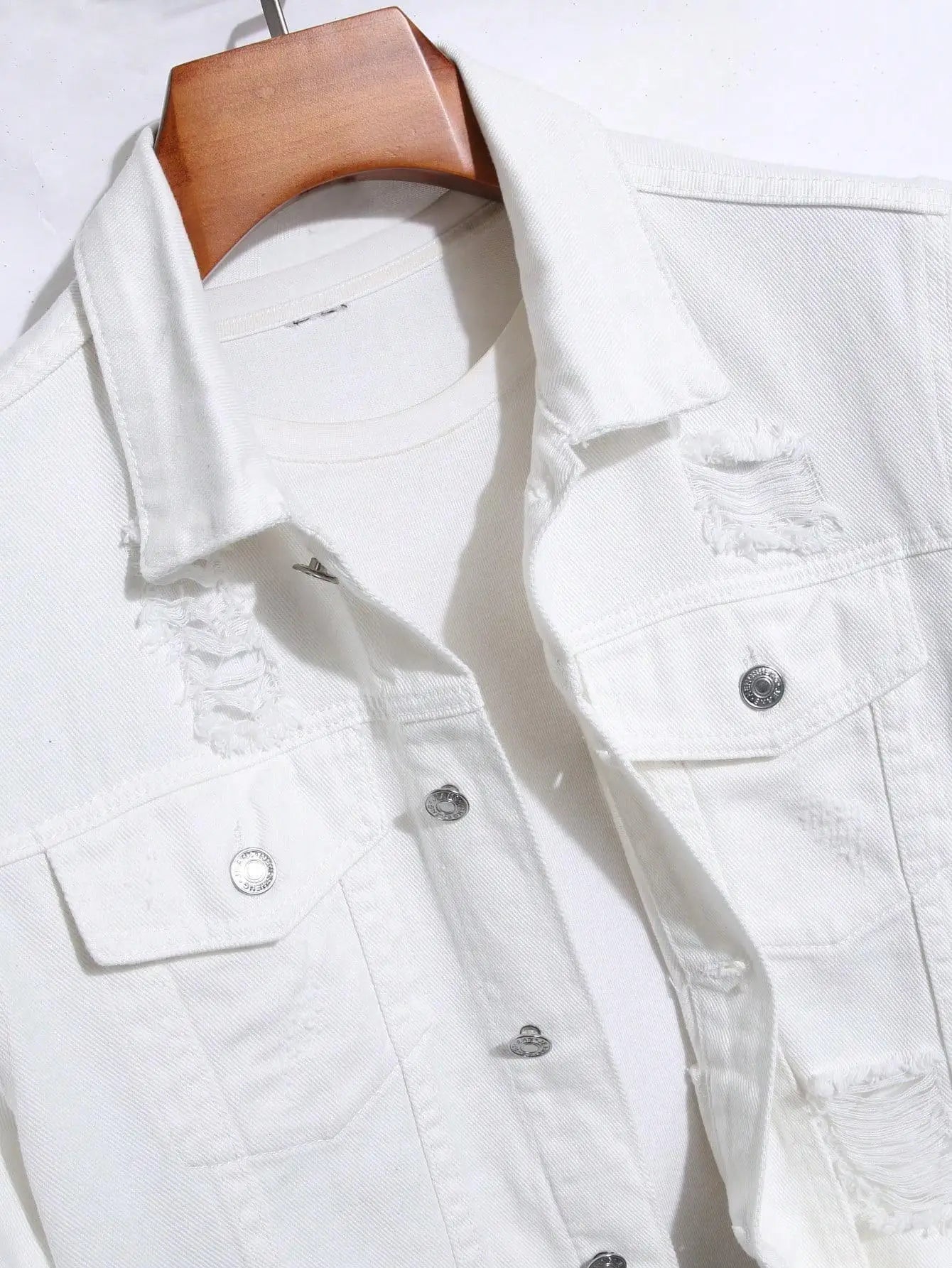 Men's denim jacket for spring and autumn. White denim ripped jacket. Street trend fashion. Daily casual.