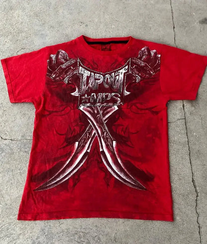 2000s T shirt Summer New Hip Hop Red Round Neck Oversized Long Sleeved T shirt Men Women Casual Gothic Clothing Tops Streetwear