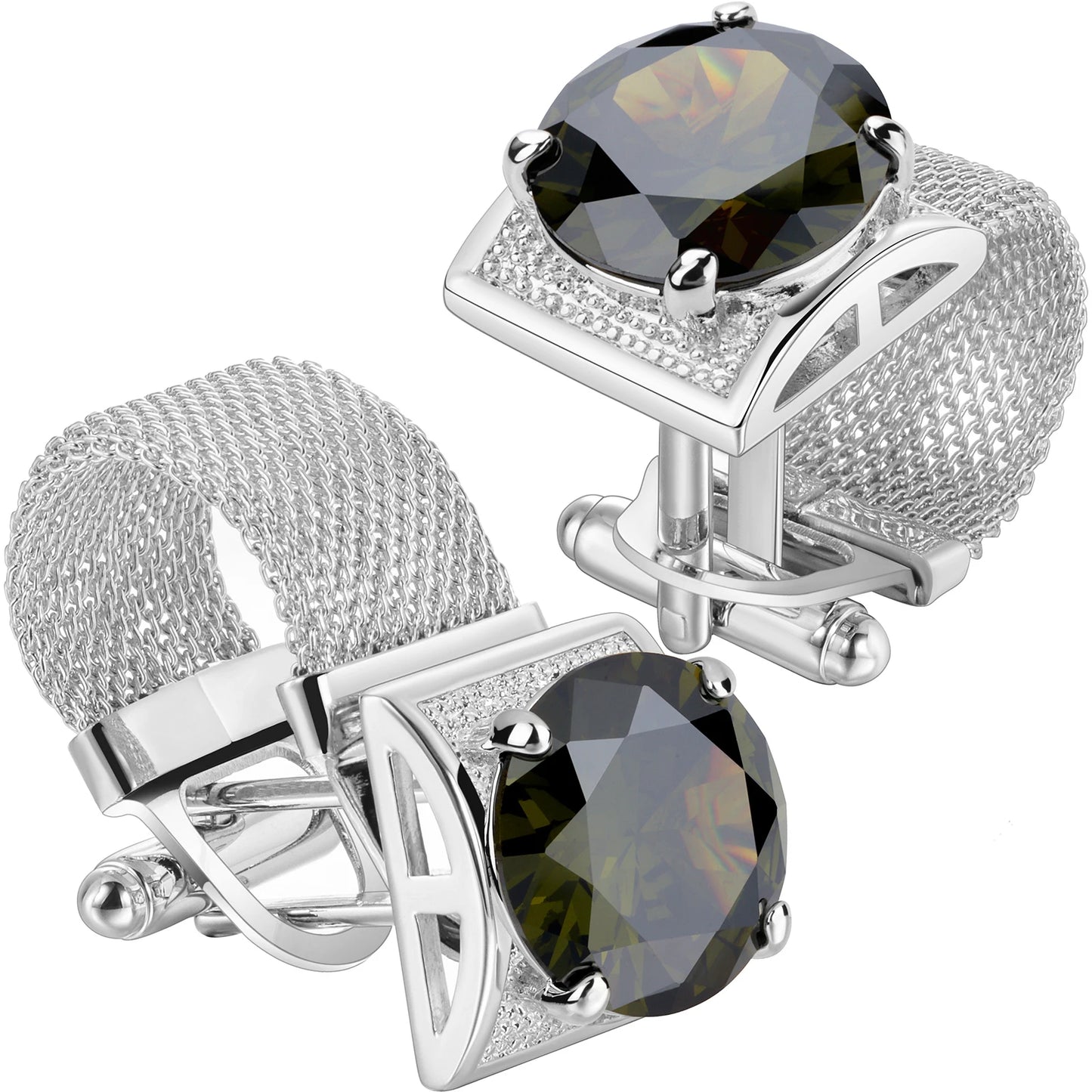 HAWSON Birthstone Crystal Cufflinks for Men Silver Luxury with Chain Wedding Birthday Christmas Gift