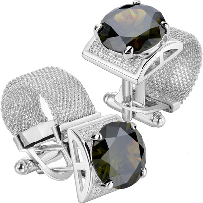 HAWSON Birthstone Crystal Cufflinks for Men Silver Luxury with Chain Wedding Birthday Christmas Gift