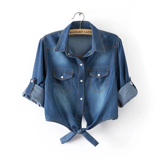 Spring Summer Curly Short Sleeve Thin Denim Jacket Female 6xl fashion Slim Knot Shirt Shawl Women's Outerwear Short Casual Tops