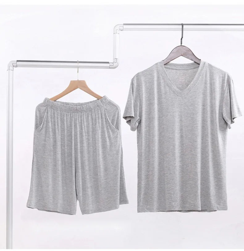 Summer Men's Modal Short Sleeve Shorts Set V-Neck Loose Fit Comfortable Sleepwear Home Clothes Mid-aged And Elderly Suitable