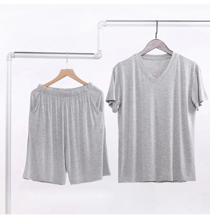 Summer Men's Modal Short Sleeve Shorts Set V-Neck Loose Fit Comfortable Sleepwear Home Clothes Mid-aged And Elderly Suitable