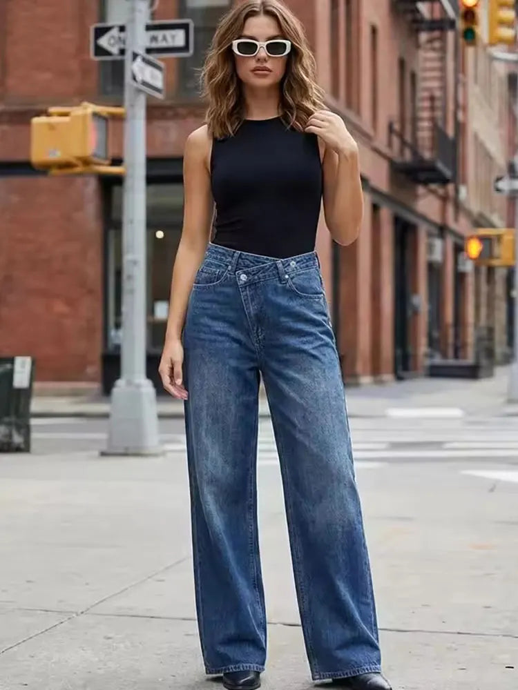 HH Women Vintage Cross Waist Wide Leg Jeans High Waist Asymmetrical Button Fly Baggy Denim Pants For Retro Street Style