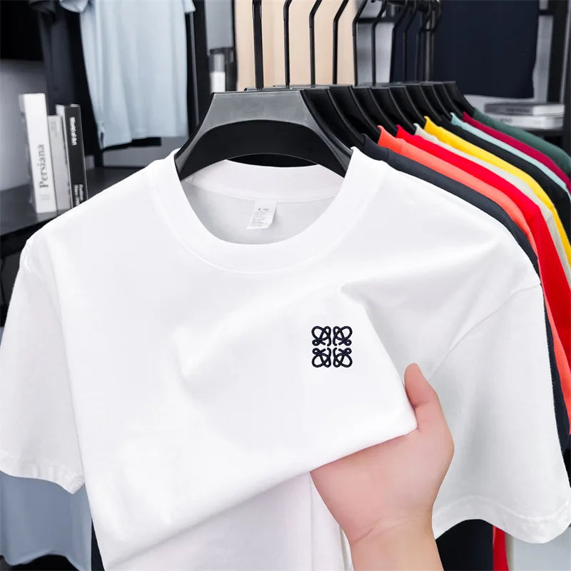 Summer Luxury 100_cotton Man Short-Sleeved T-Shirt Round Neck Delicate Embroidery Absorb Sweat Ventilate Leisure Men's Clothing