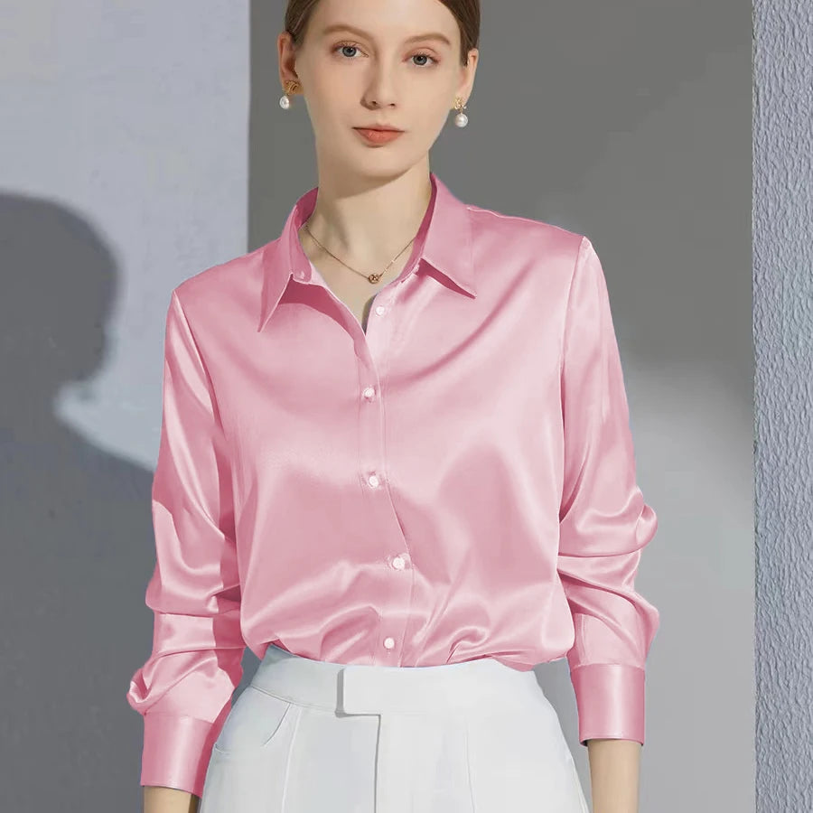 All-match Satin Finish Shirts And Blouses Women Clothing Casual Top OL Long Sleeve Button Elegant Shirts French Solid Blouses