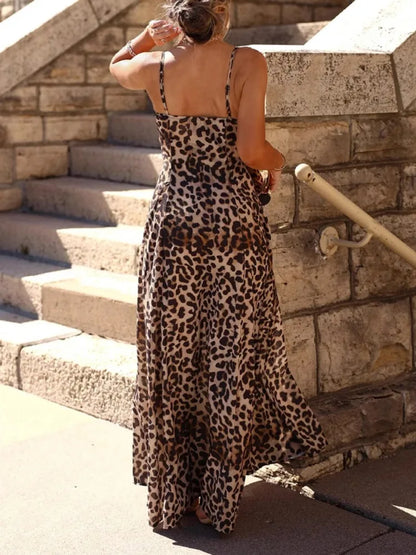Women Leopard Maxi Dress Women's Casual Dresses Women's Summer Dress Spaghetti Straps Backless High Waist A Line Casual Outfits