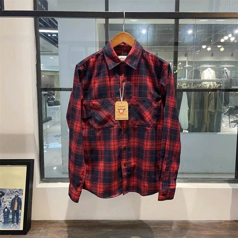 Autumn Men's Pure Cotton Flannel Plaid Long Sleeve Shirt Casual Loose Full Cotton Washed Dad Clothes Style Breathable Fashion