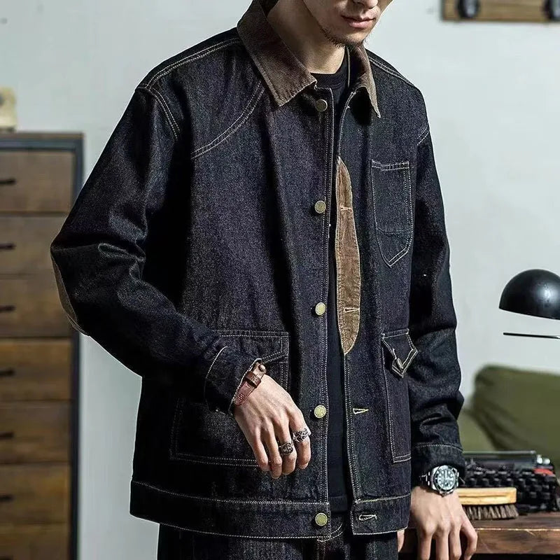 Spring And Autumn Denim Workwear Retro Hunting Jacket Denim Hardman Jacket Casual Loose Men'S Collar Denim Jacket