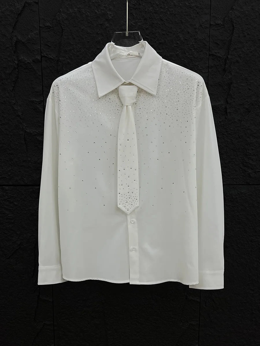 Men's 2025 Spring Summer New High-End Tops Fashion Rhinestone Long Sleeve Solid Color Shirts Men's Trendy Loose Comfort Shirts