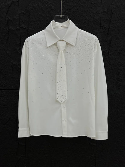 Men's 2025 Spring Summer New High-End Tops Fashion Rhinestone Long Sleeve Solid Color Shirts Men's Trendy Loose Comfort Shirts