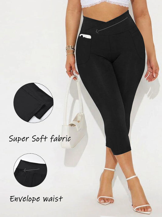 Women's Super Soft Crossover High Waisted Capri Pants With Pockets Tummy Control No See Through Workout Yoga Running Leggings