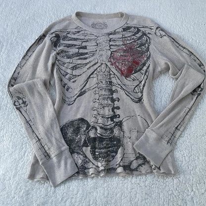 Maemukilabe 00s Retro Y2k Women Tops Harajuku Gothic Skeleton Graphic Printed T shirt Hip Hop Tee Shirt Aesthetic Streetwear
