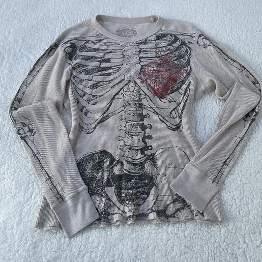 Maemukilabe 00s Retro Y2k Women Tops Harajuku Gothic Skeleton Graphic Printed T shirt Hip Hop Tee Shirt Aesthetic Streetwear