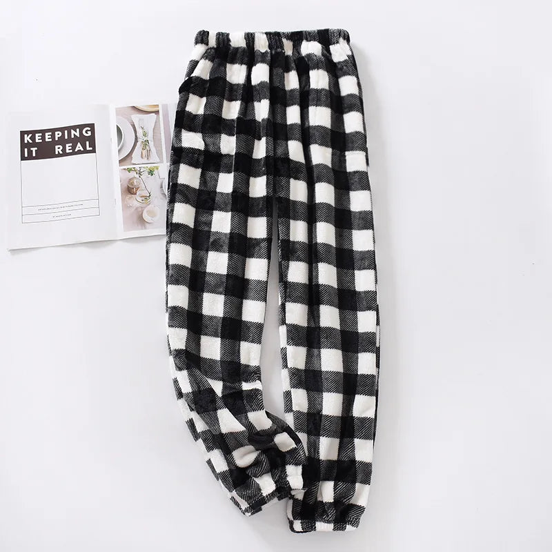Autumn and Winter Super Warm Thickening Flannel Men's Plaid Pants Black Grey Colors Matching Men Pajamas Trousers