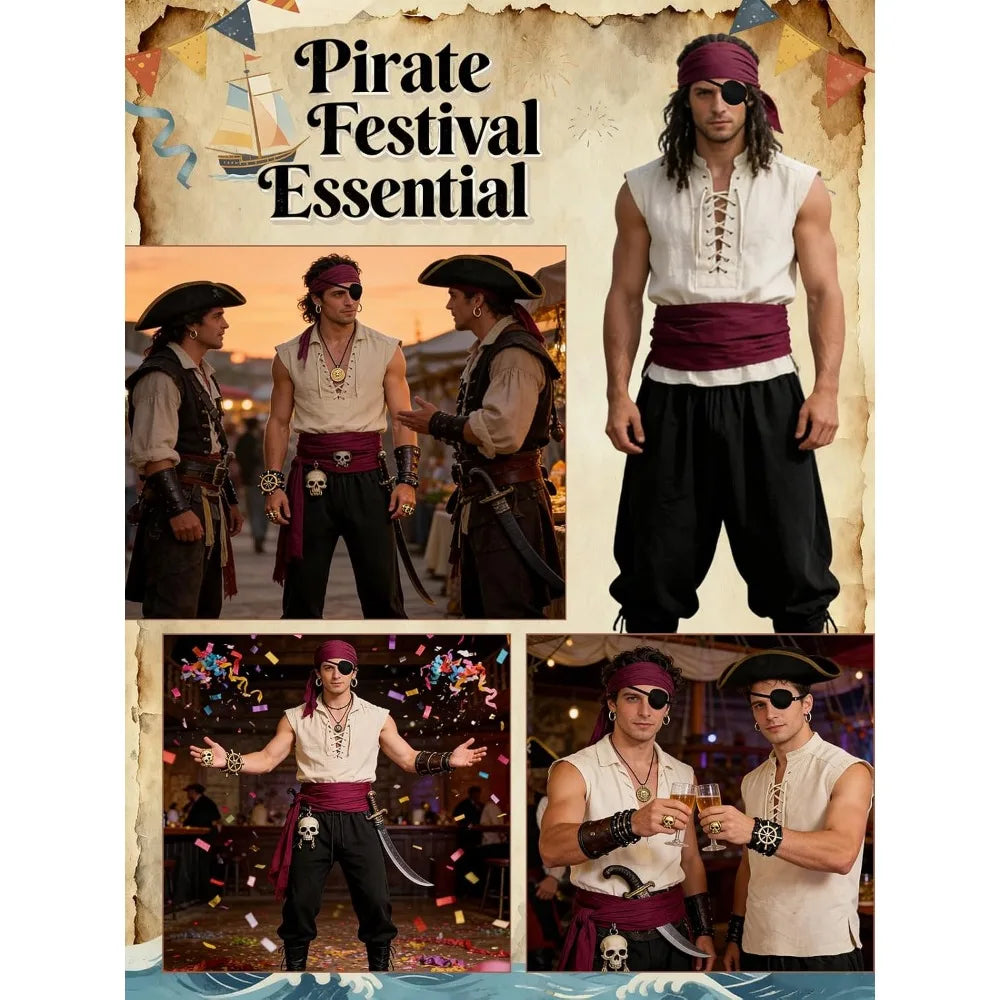 Men's Pirate Costume 8PCS Renaissance Sleeveless Shirt Ankle-Banded Pants Sash Belt & Accessories for LARP Cosplay