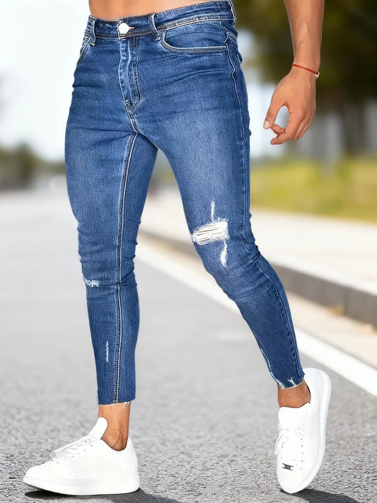 Men's Slim-fit Stretch Denim Pants, Comfortable Elastic Waistband, Casual Street Style,