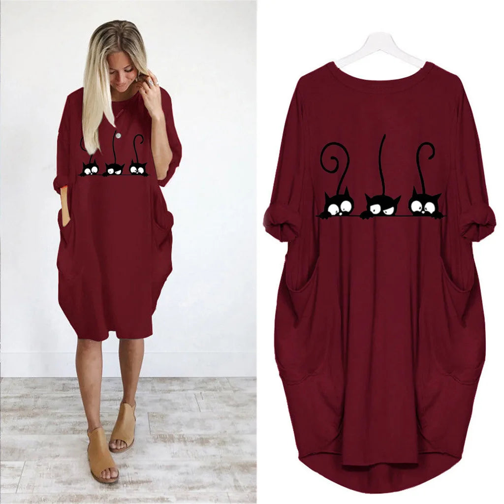 Women's Loose  Long Sleeved Summer Plus Size Dress Autumn  Winter Casual Round Neck Solid Color Long Sleeve Pocket Loose Pullove