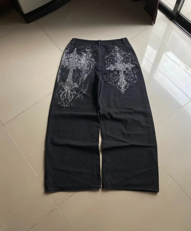 Streetwear New Casual Joker Geometric Print Baggy Jeans Female Y2K Gothic Hip Hop Popular Straight Wide-leg Trousers