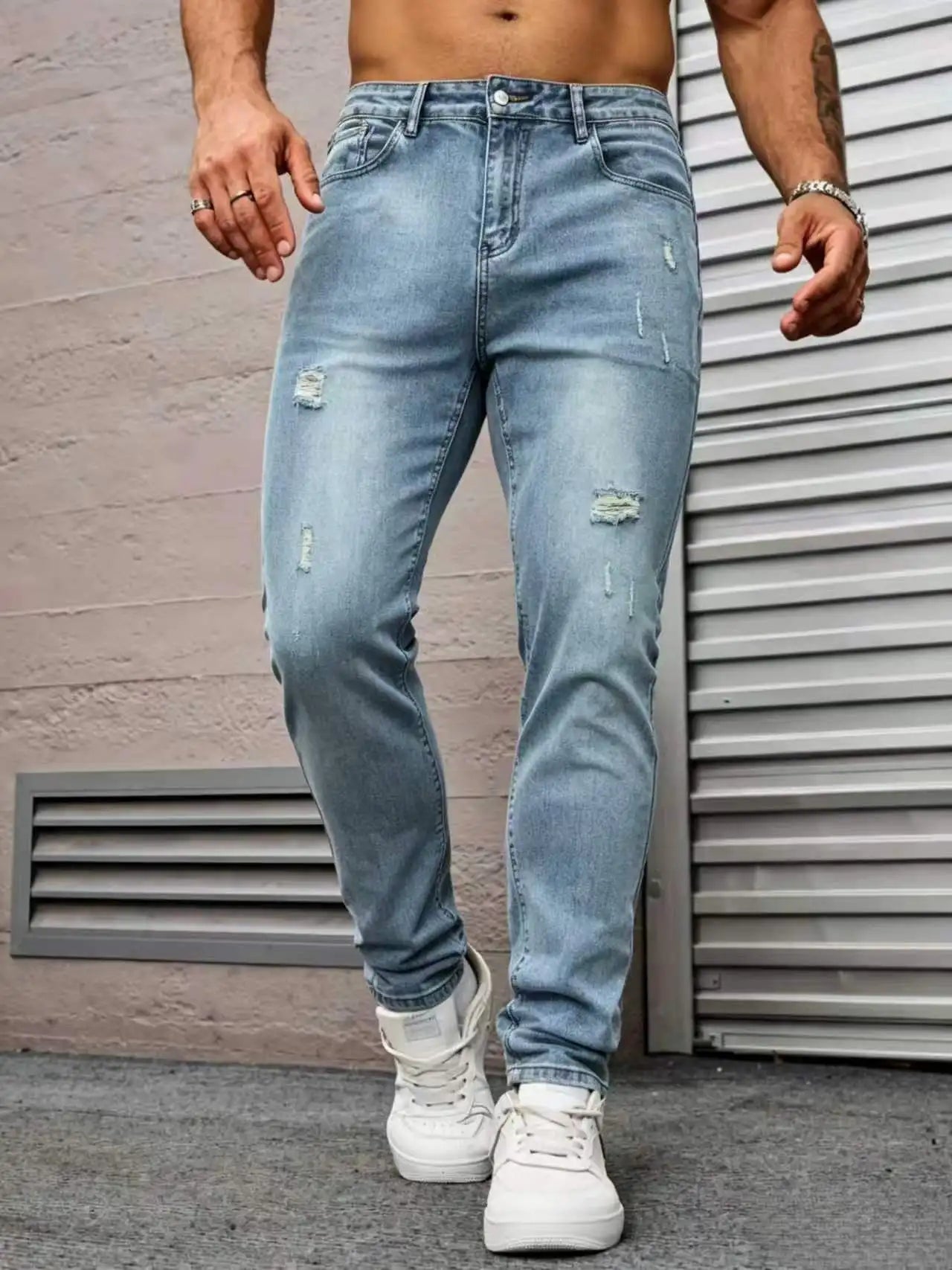 Men's Slim Fit Light Blue Jeans, Ripped Stretch Denim Pants, Casual Straight Leg Washed Jeans,