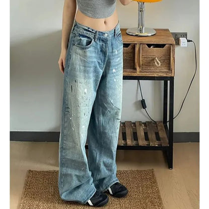 Women Designer High Waisted Jeans Pants Female Chic Print Baggy Denim Pants Girls Fashion Thin Straight Leg Jeans Trousers