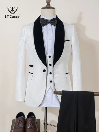 ST Cassy High Quality white party outfit for man luxury Retro carving Slim Fit Tuxedo Prom Suit Fashion Male Groom Wedding