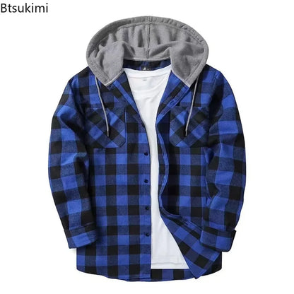 2026 Men's Flannel Shirt Jackets Classic Plaid Loose Casual Hooded Coats Double Pockets Button-up