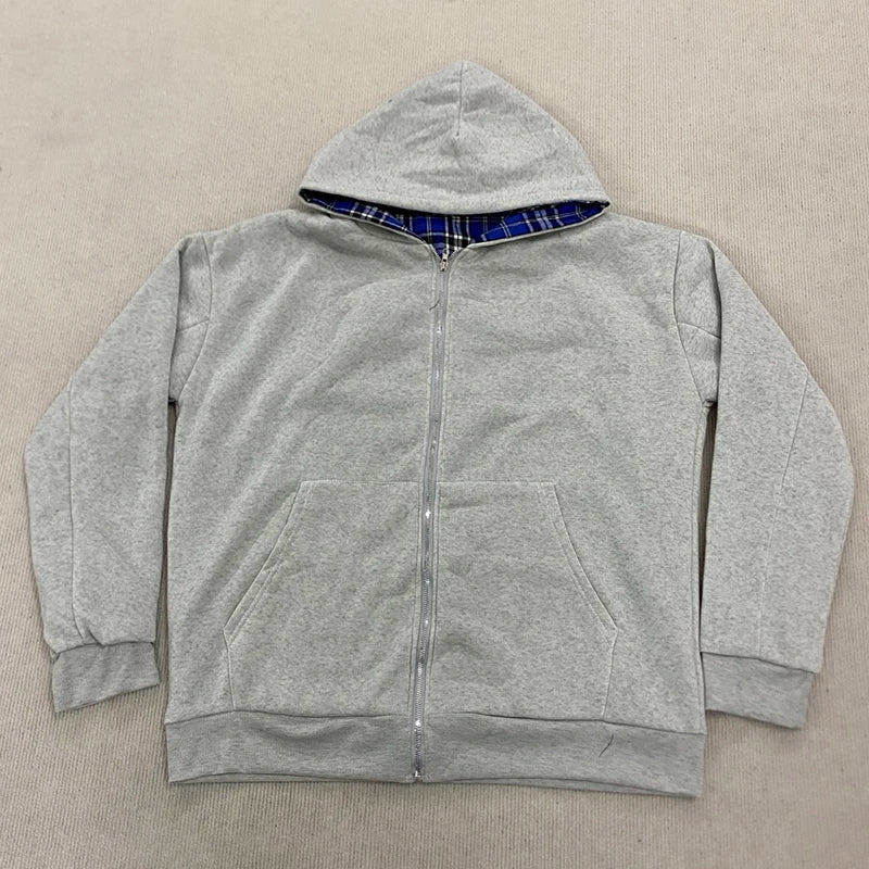 Autumn new hoodie with plaid lining and zipper cardigan, double-sided hoodie, street original style jacket for men