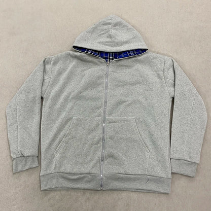 Autumn new hoodie with plaid lining and zipper cardigan, double-sided hoodie, street original style jacket for men
