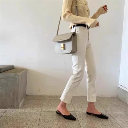 High Waist Straight Leg Jeans Women's ort Stature 50cm Slim Elastic Nine-Tenths e Tube Pants Spring Summer Apricot