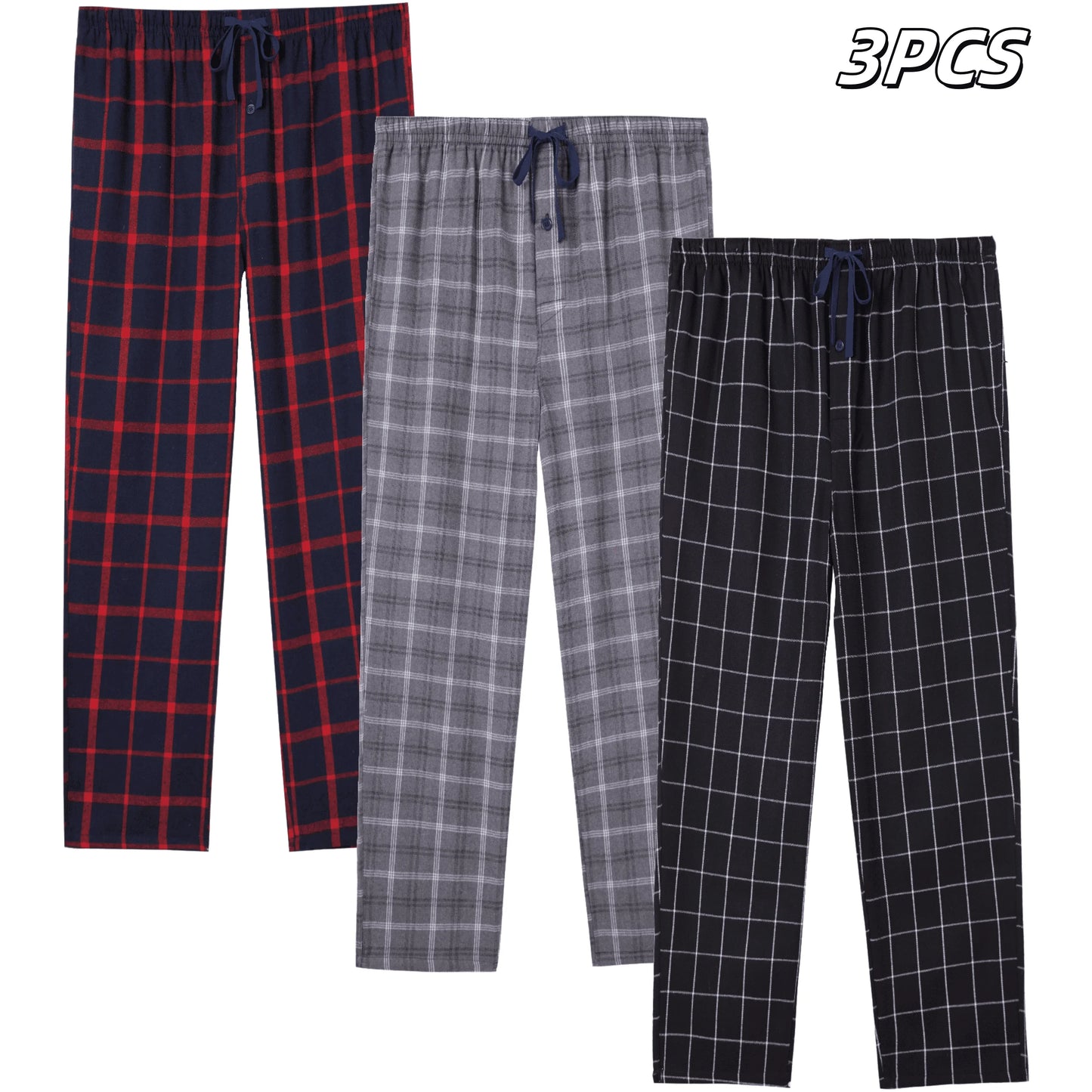 3pcs Men's Pajama Bottoms Autumn/Winter New Fashion Flannel Plaid Casual Sleeping Pants Elastic Waistband and Pocket