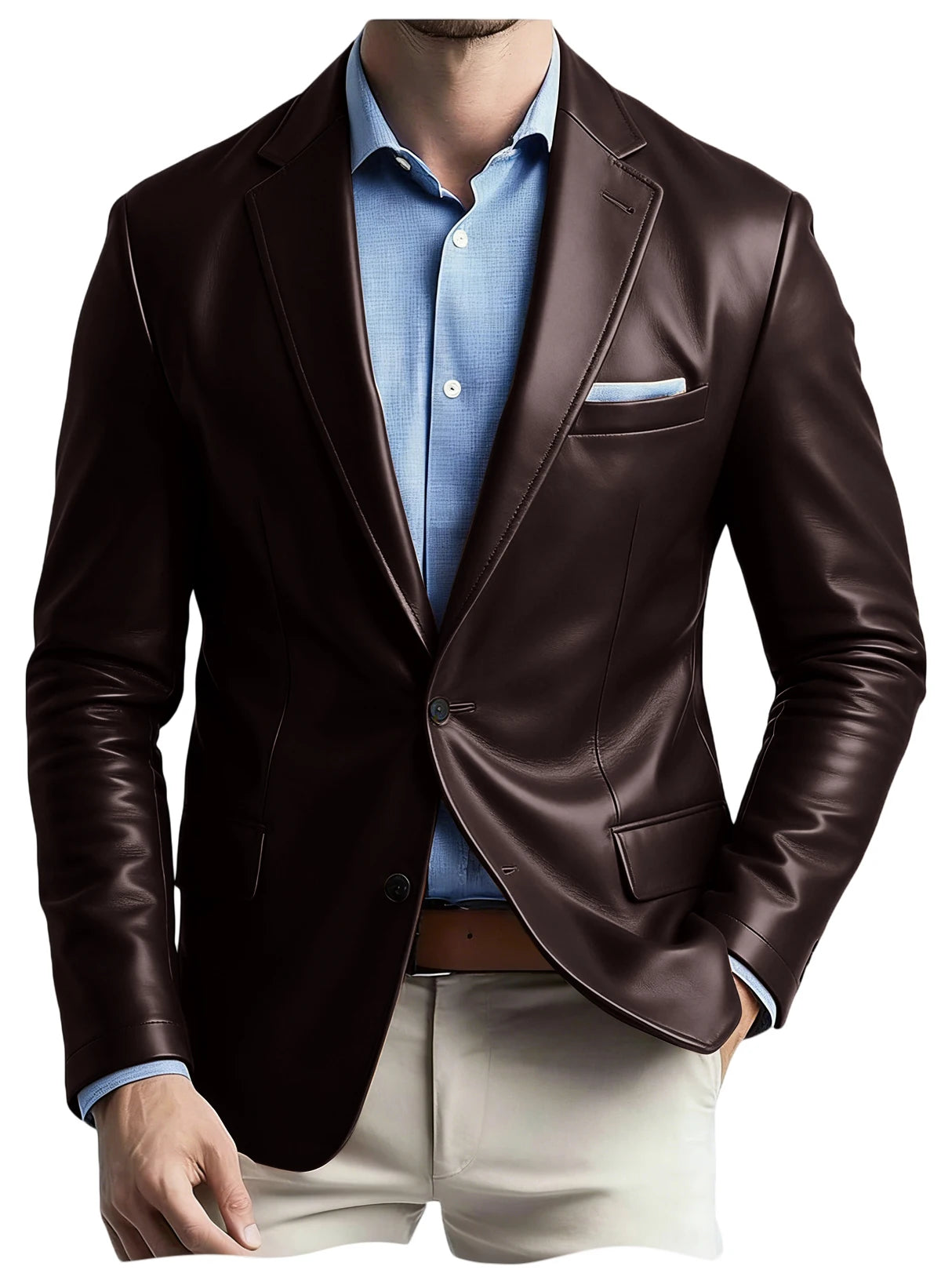 Men's Faux Leather Blazer Notch Lapel Flap Pockets Slim Fit Suit Jacket Coats For Casual Business Wedding Party