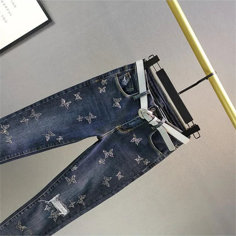 Spring Summer 2025 New Fashion Denim Pants Female Korean Version Elastic Rhinestones High Waist Jeans Pencil Pants
