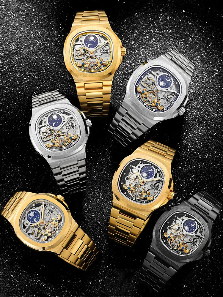 2026 High-end Luxury SKROX Square Man Watch Sapphire Stainless Steel Skeleton Moon Phase Classic Automatic Movement Male Watches