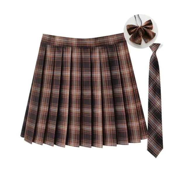 Women Summer Plaid Pleated Skirt With Necktie Bowtie Korean Jk Skirt Uniform Japanese School Preppy A Line Mini Skirts