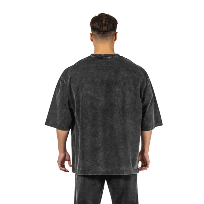 Washed T-Shirt 230G 100Cotton Solid Oversized Loose Fitness Mens Tee Tops Dropped Shoulders Short Sleeve Gym Bodybuilding Shirts