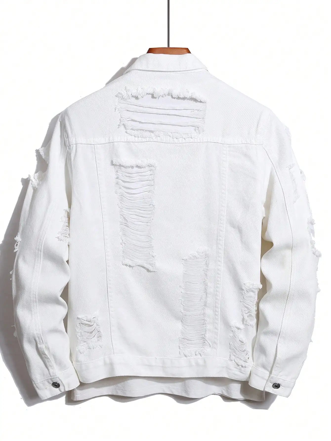 Men's denim jacket for spring and autumn. White denim ripped jacket. Street trend fashion. Daily casual.