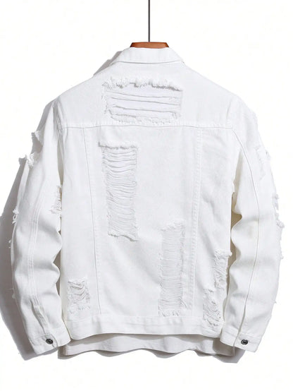 Men's denim jacket for spring and autumn. White denim ripped jacket. Street trend fashion. Daily casual.