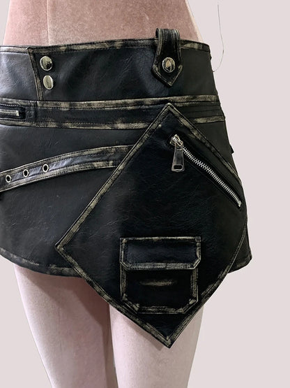 Mauroicardi Summer Distressed Black Pu Leather Mini Asymmetrical Skirts for Woman High Waist Short Emo Clothes New Arrivals 2025