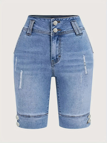 Ladies' Blue Double-Buckle Waist Slim Fit Jeans