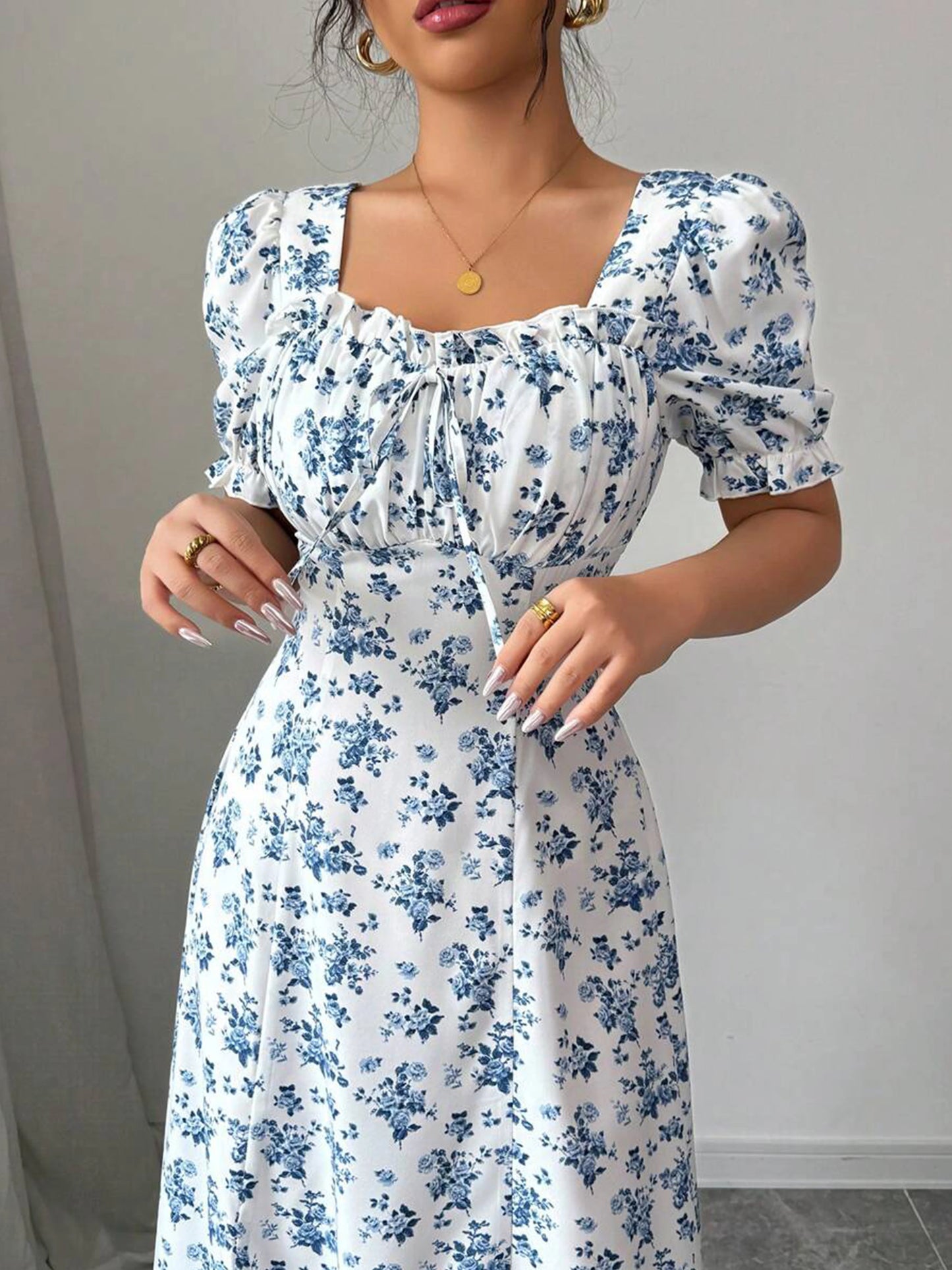 Women's Summer Elegant Casual Puff Sleeve Square Neck White & Blue Floral Print Maxi Dress Luxury Designer dresses