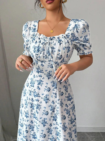 Women's Summer Elegant Casual Puff Sleeve Square Neck White & Blue Floral Print Maxi Dress Luxury Designer dresses