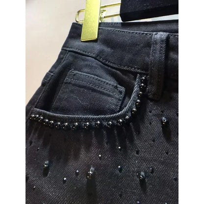New Summer Denim Patchwork Hook Flower Hollow Lace Straight Leg Wide Leg Pants Casual High Waist Heavy Embroidery Rhinestone