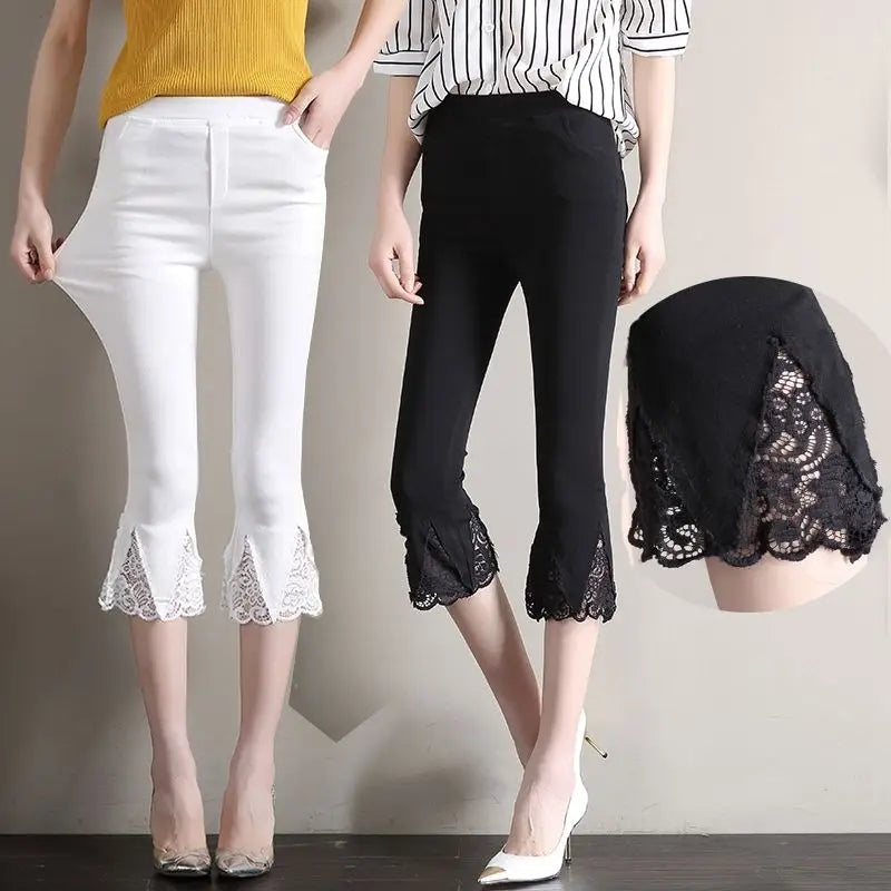 Summer Women Clothing Flare Capris Pants Thin Splicing Lace Korean Fashion New Elastic High Waist Solid Casual Slim Trousers